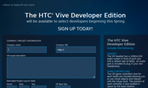 HTC Vive Dev Kit Anmeldung