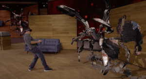 Spider-bot scheint der Endgegner von Dan zu sein. So stellt sich Microsoft Gaming mit der Hololens vor.