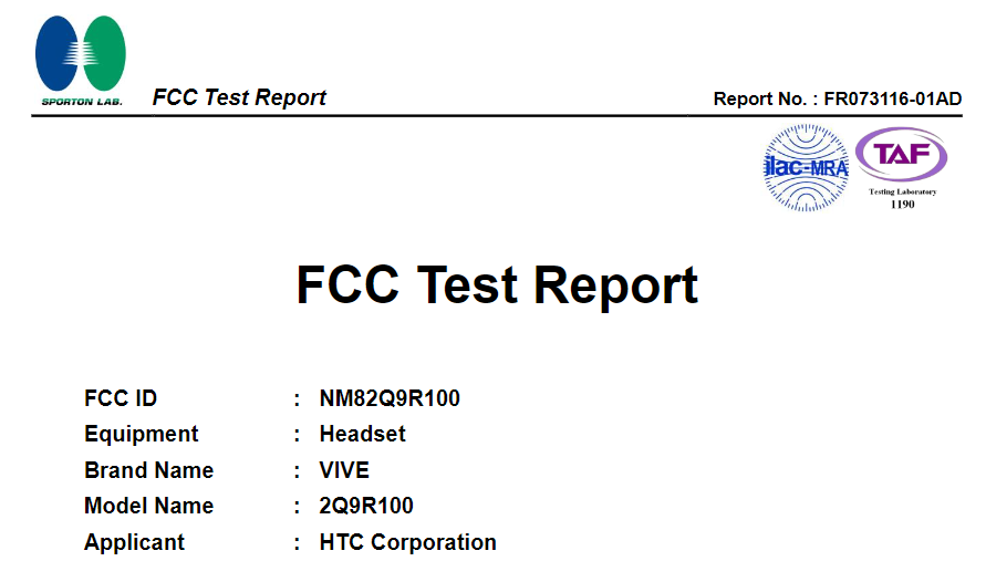 HTC Vive Focus FCC